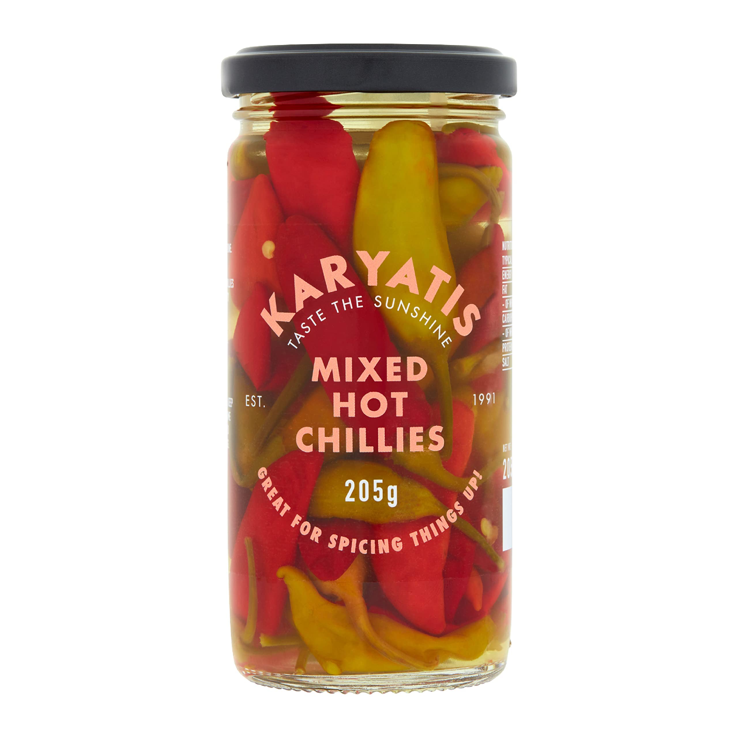 Karyatis Mixed Hot Chillies in Brine - Whole Red & Green Peppers | 205g Glass Jar