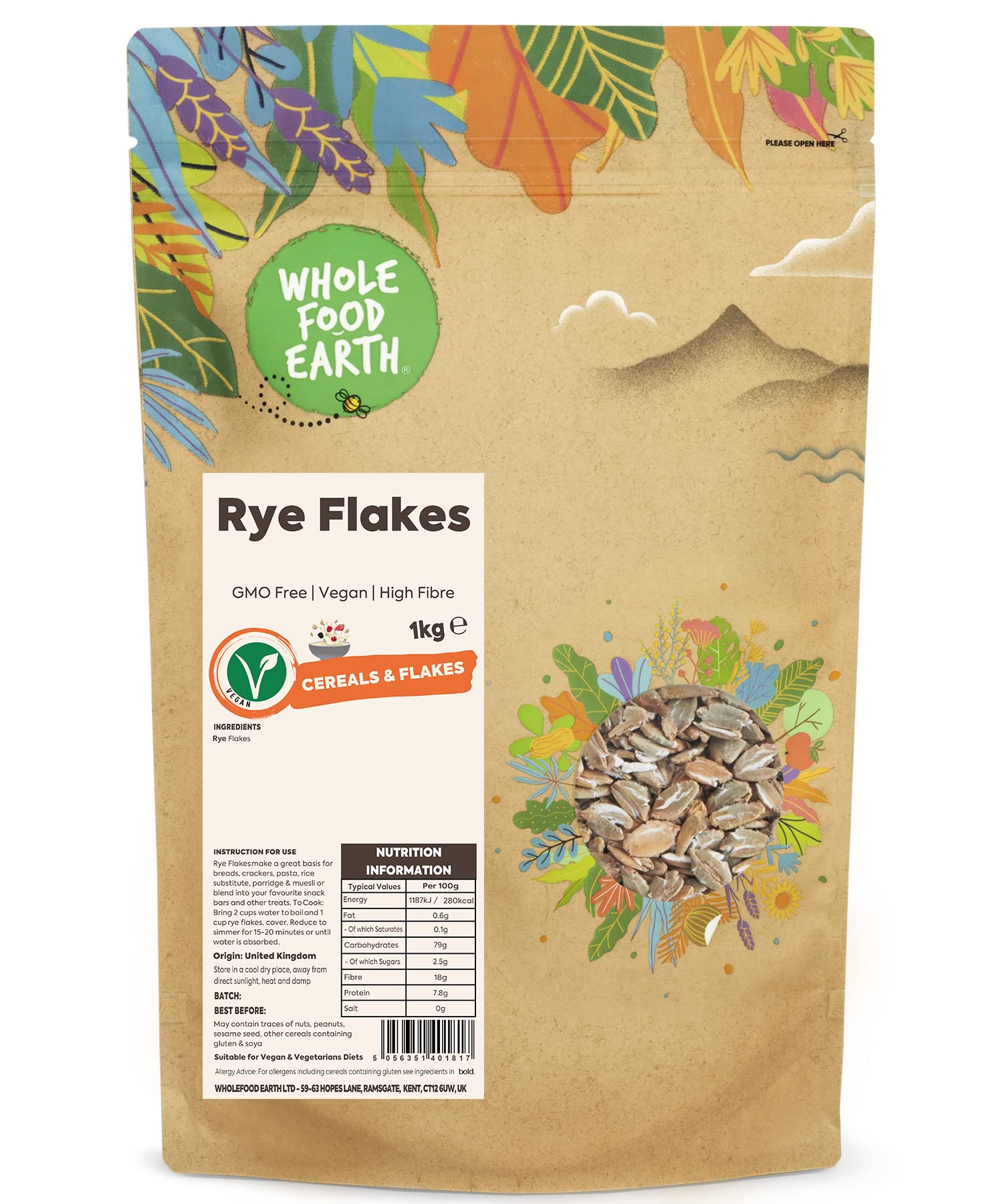 Whole Food Earth® Rye Flakes 1 kg | GMO Free | High Fibre | Vegan | Recyclable Packaging 1