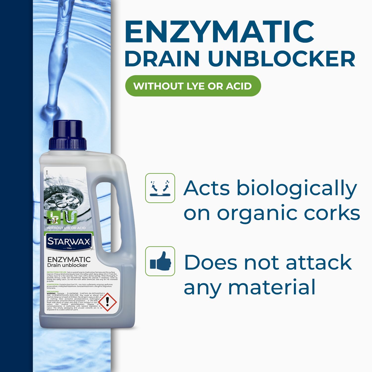STARWAX Biological Drain Cleaner - Acid Free, Unclogs Drains & Eliminates Odours, 1L 2