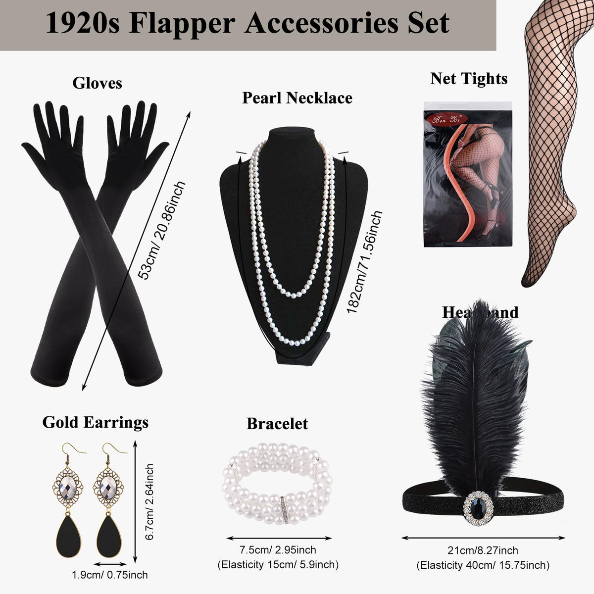 ELECLAND 10-Piece 1920s Flapper Gatsby Accessories Set - Apricot Gold