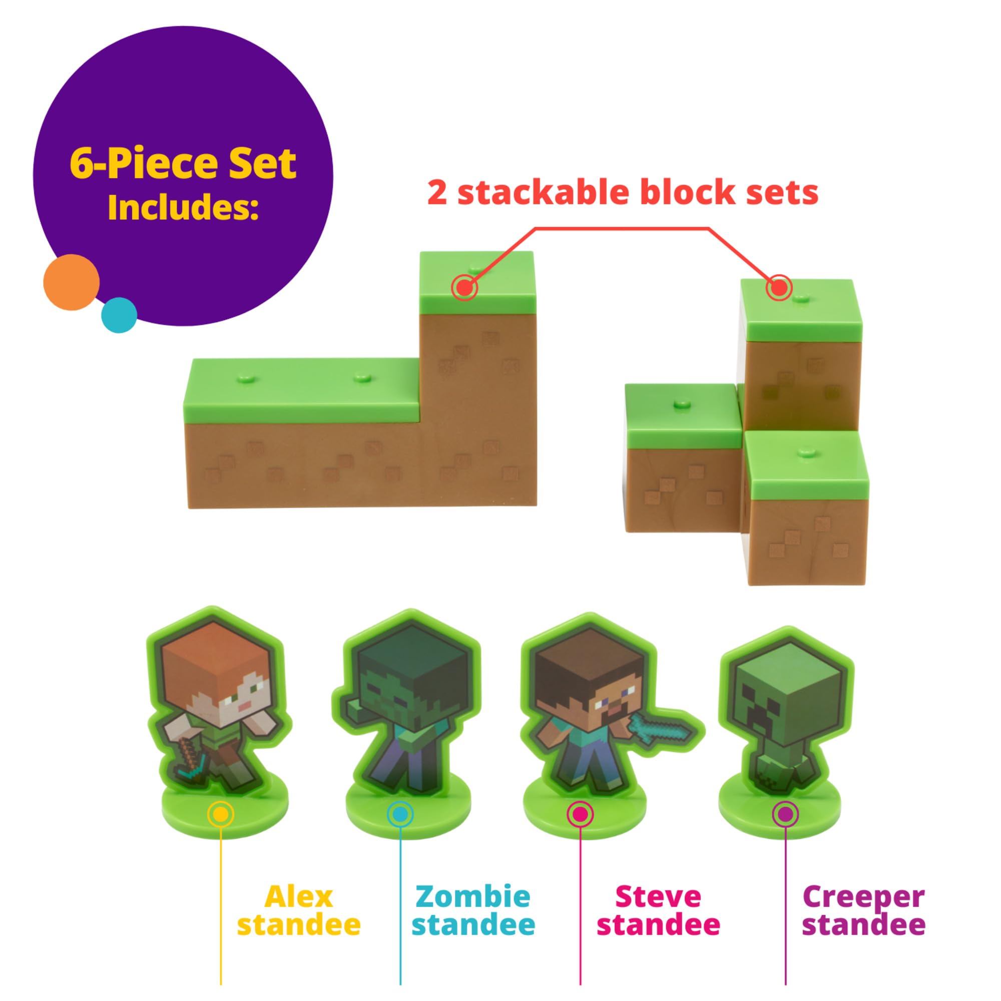 DecoPac Minecraft Mobs Beware Cake Topper Set - 6 Pieces, Stackable Blocks, Alex & Steve Figures 5
