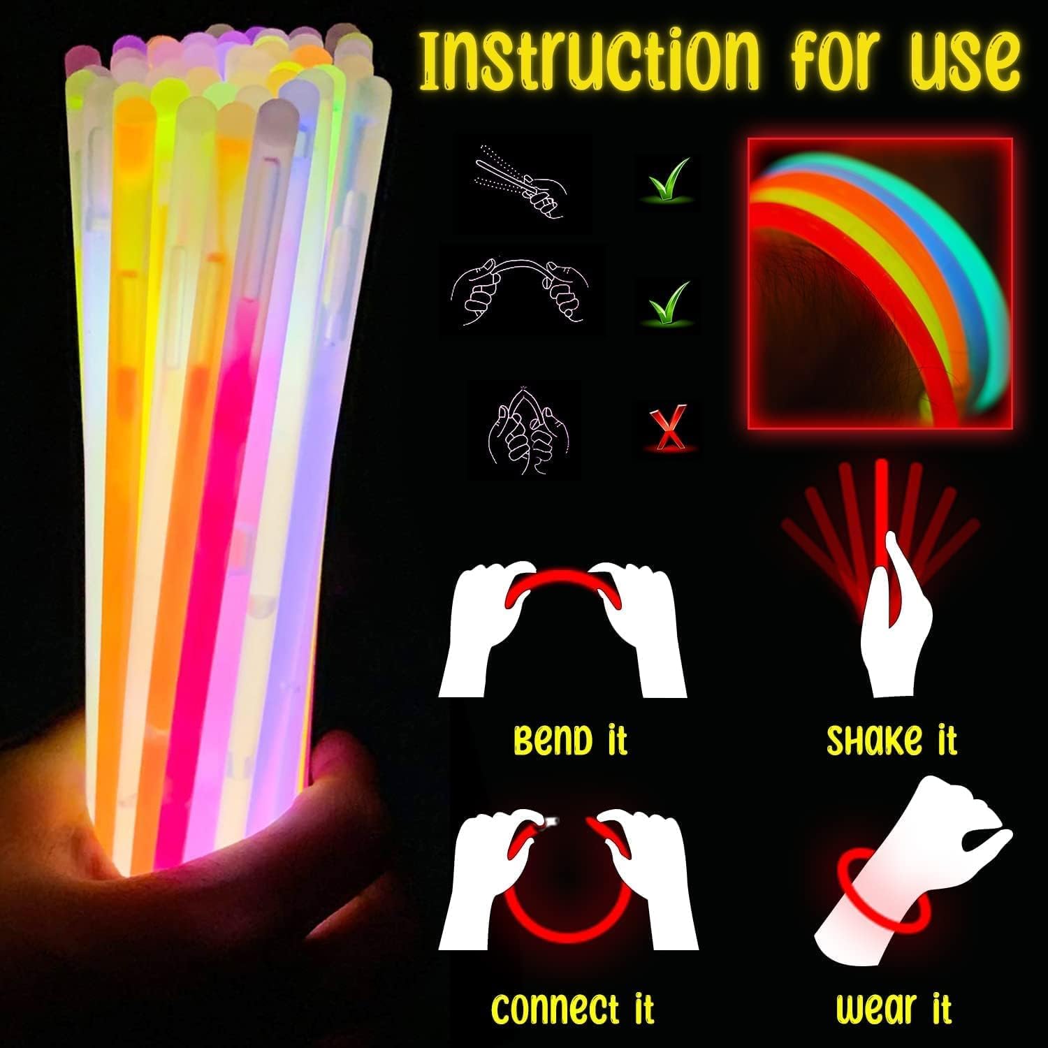 SHATCHI 100Pcs Glow Sticks - 10-12 Hour Glow | Neon Colours | Unisex Children