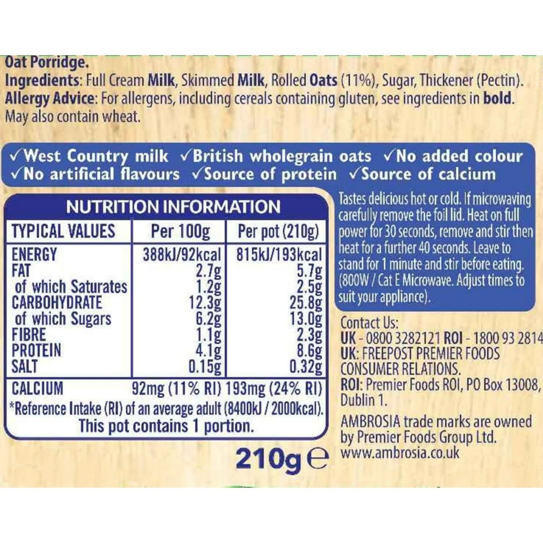 Ambrosia Original Ready to Eat Porridge Pots with British Wholegrain Oats, 210g (Pack of 6)