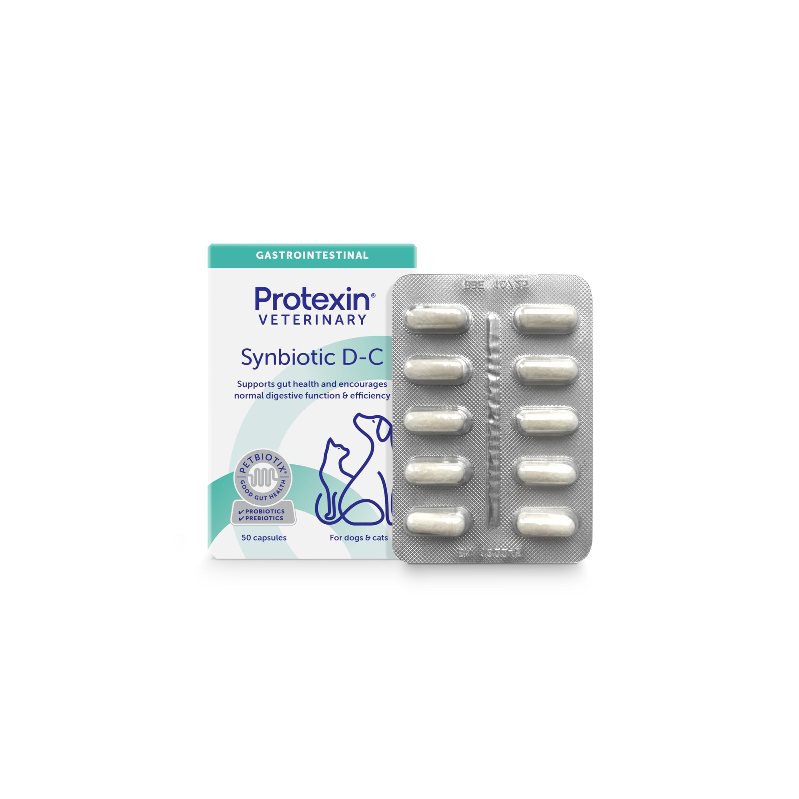 Protexin Synbiotic D-C Probiotic Capsules for Dogs & Cats - 50 Count | Prebiotic & Probiotic Support