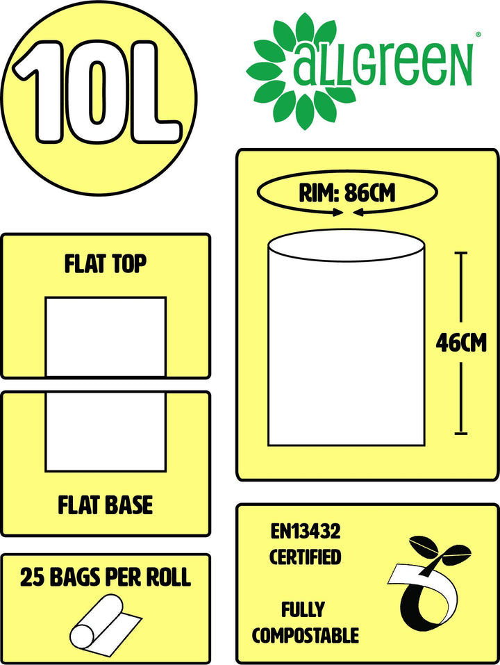 All-Green 10L-2 Compostable Bag for Kitchen Caddy - 10 Litre, 50 Bags (2 Rolls)