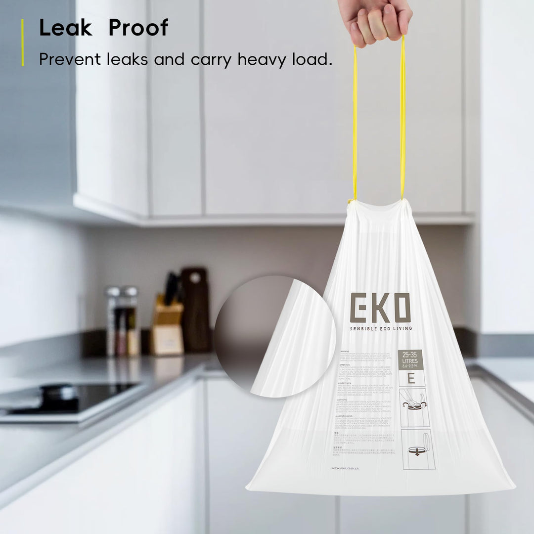 EKO Extra Strong Drawstring Bin Liners for 40-60L Kitchen Bins - 12 Pack White Trash Bags