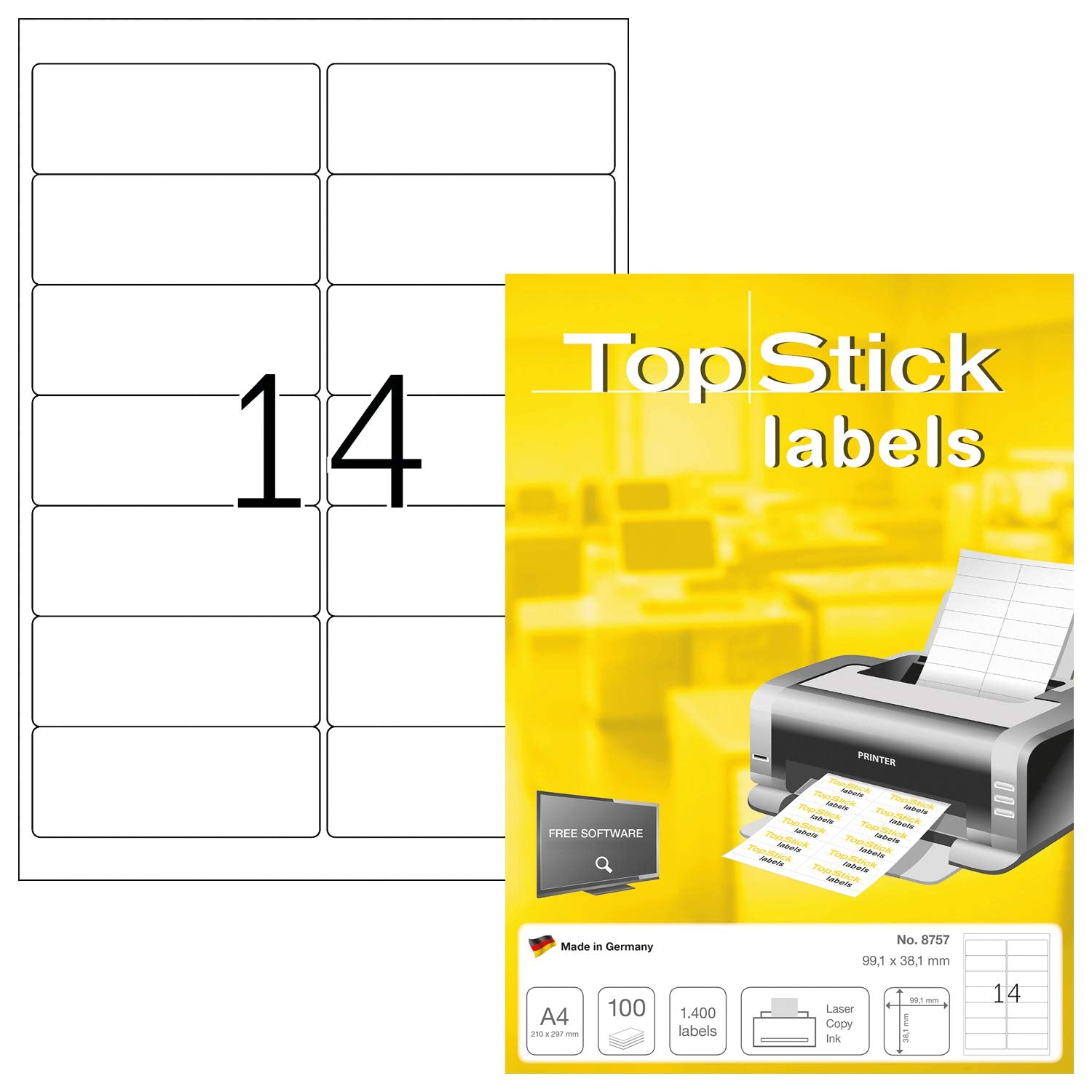 TopStick 8757 Address Labels - 1400 Labels, 99.1 x 38.1 mm, White, for Laser & Inkjet