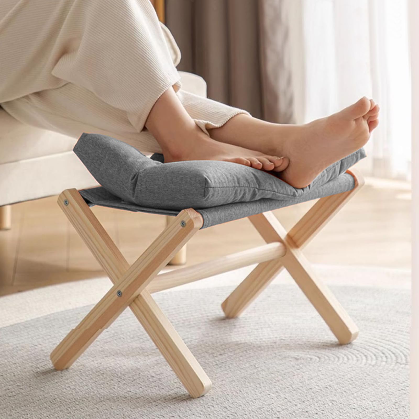 ASelected 40 cm Folding Footrest Stool - Wood Footstool for Living Room, Bedroom, Office 2