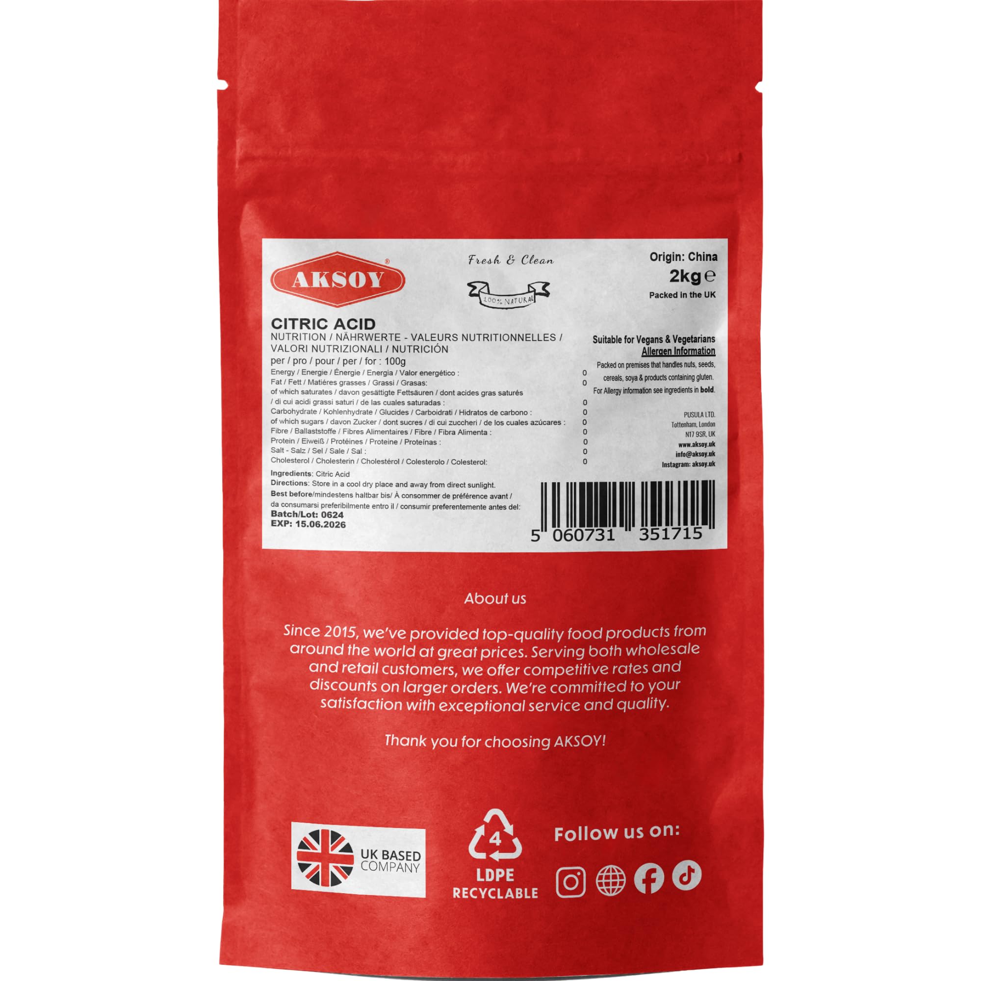 AKSOY Food Grade Citric Acid - Non-GMO De-Scaler & Cleaner | 2 kg Granule 5
