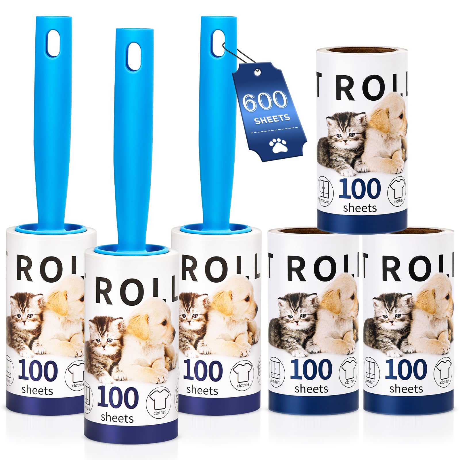 Lychico Lint Rollers for Pet Hair Remover - 600 Sheets Mega Value Set | 3 Handles | White