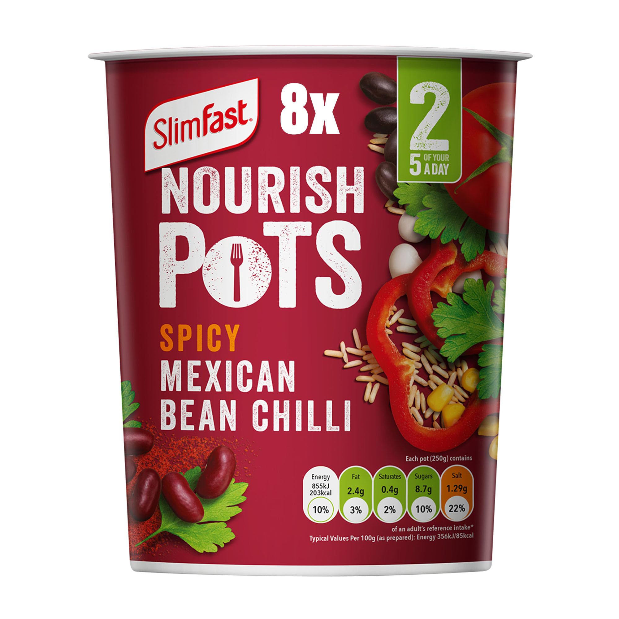 SlimFast Nourish Pot Spicy Mexican Bean Chilli - Ready Meal, Low in Sugar, Vegan, 8 x 60g Pots 1
