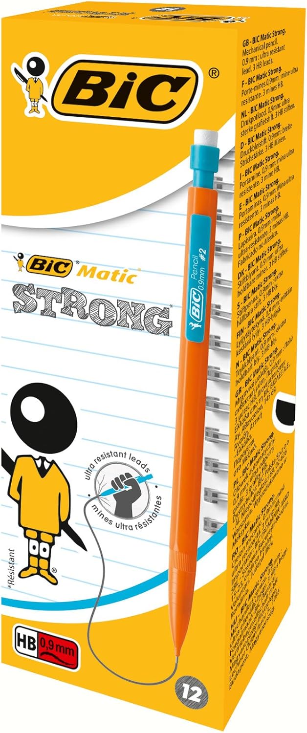 BIC Matic HB Mechanical Pencils and Eraser, Assorted Barrel Colours with Fine Point (0.9 mm), Pack of 12