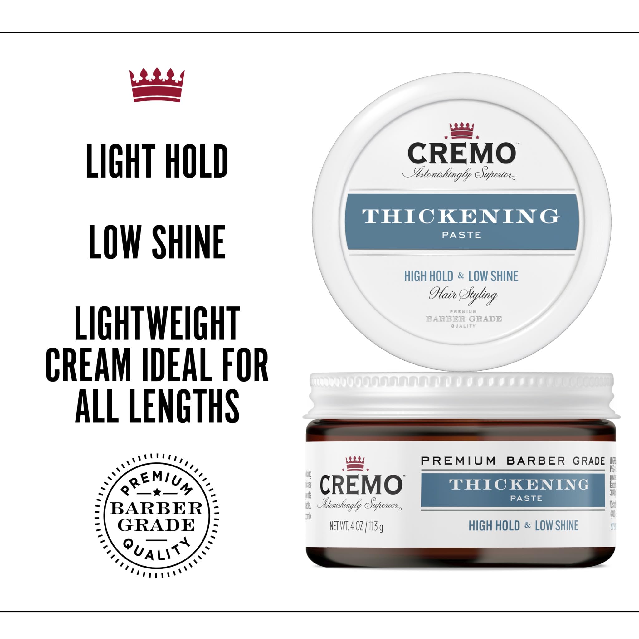 Cremo Thickening Hair Styling Paste for Men - High Hold, Low Shine, 113 g