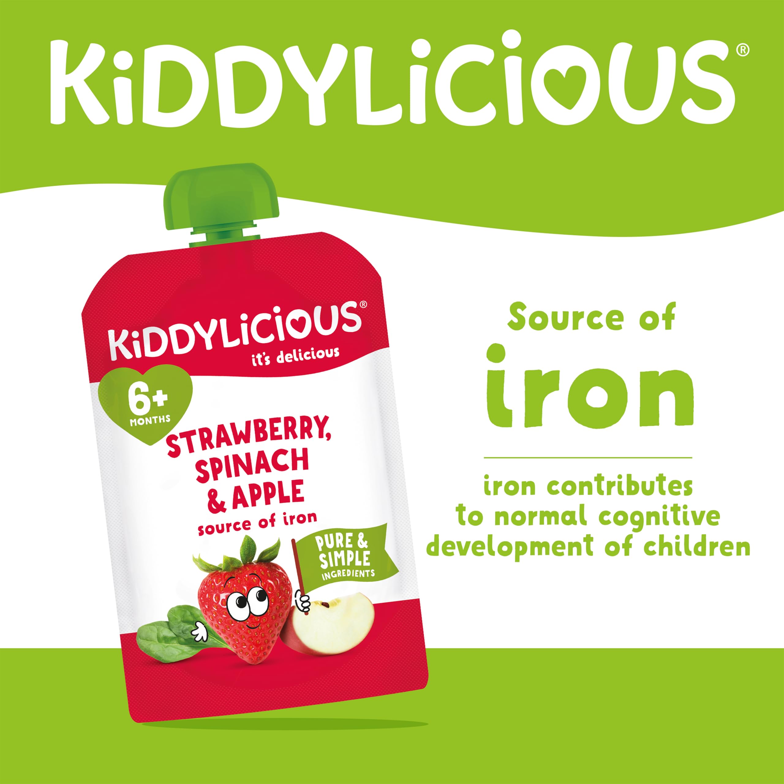 Kiddylicious Apple, Strawberry & Spinach Fruit Pouches - 6 x 100g Pack | Suitable for 6+ Months