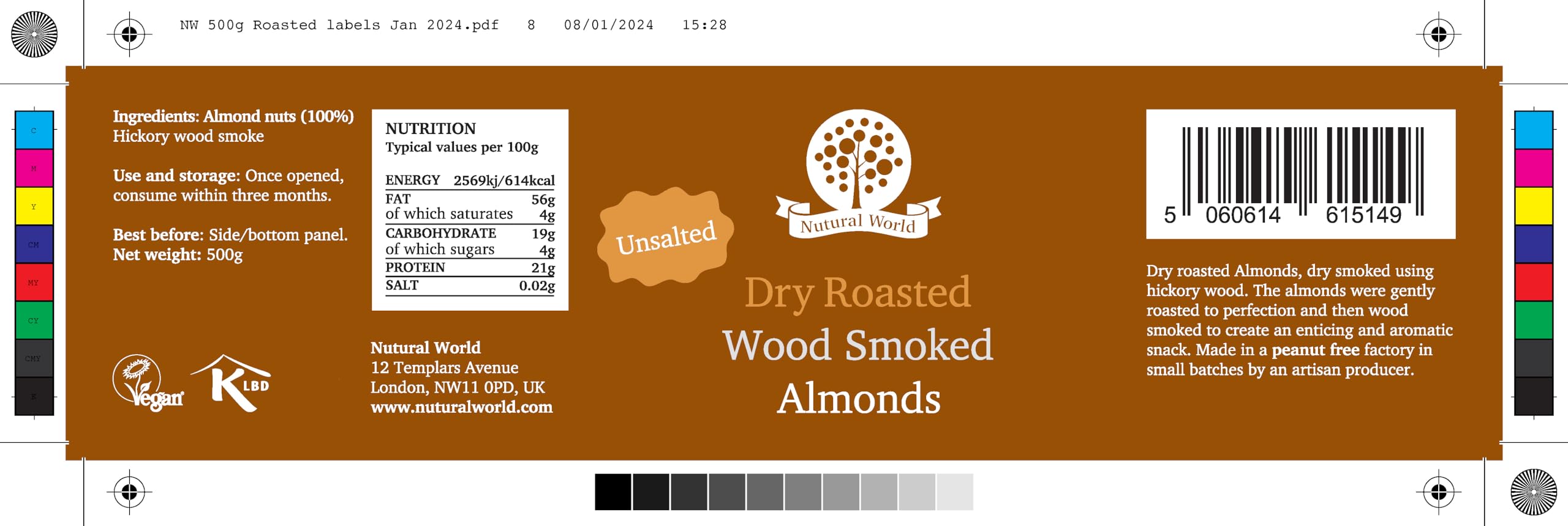Nutural World - Dry Roasted Wood Smoked Almonds - Unsalted (500g) - Great Taste Award Winner 2