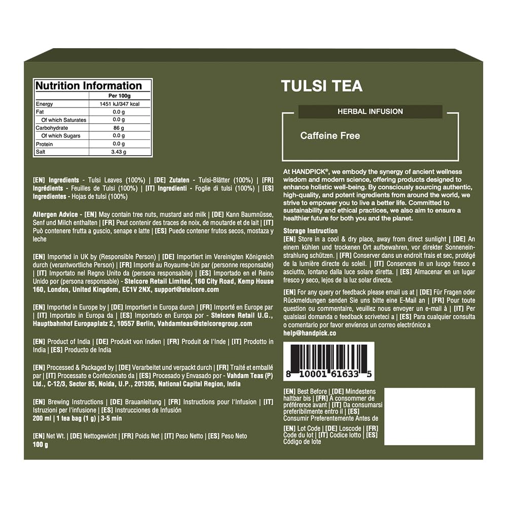 HANDPICK Holy Basil Tea Bags (100 Count) Caffeine-Free, Non-GMO Tulsi Leaves Herbal Tea