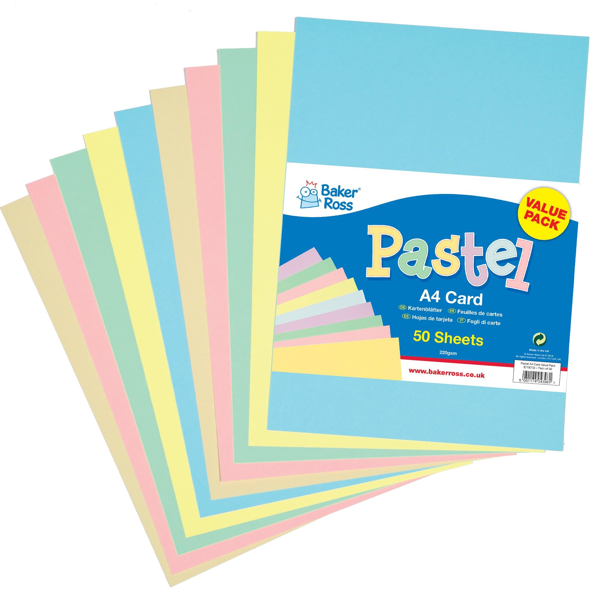 Baker Ross A4 Pastel Coloured Card - 50 Sheets, 220 gsm for Crafts and Decoration