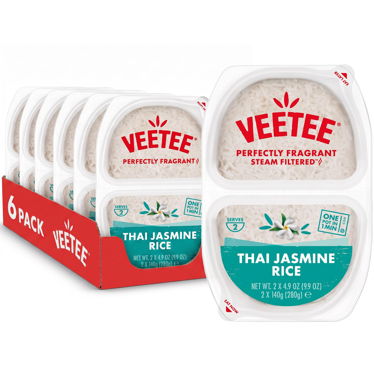 VEETEE Thai Jasmine Rice Twin Pots - 280 g, Pack of 6