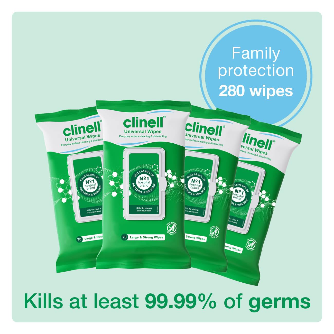 Clinell Universal Cleaning and Disinfecting Wipes - Kills 99.99% | 70 Count Wipes | Pack of 4 2