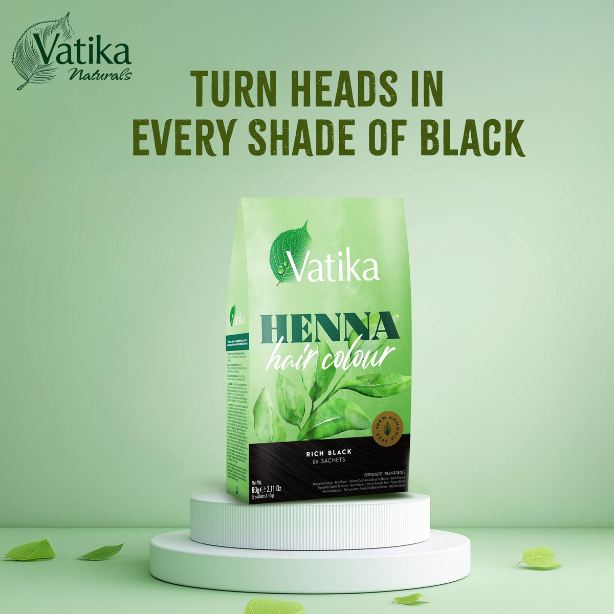 Vatika Naturals Henna Rich Black Hair Colour - 60g (6 x 10g Sachets), Ammonia-Free