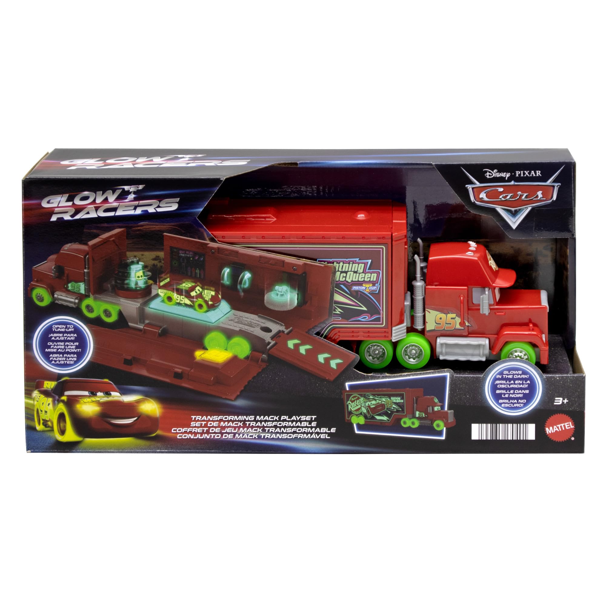 Disney and Pixar Cars Glow Racers Transforming Mack Playset - 2-in-1 Glow-in-the-Dark Vehicle with Launcher & Tune-Up Station 2