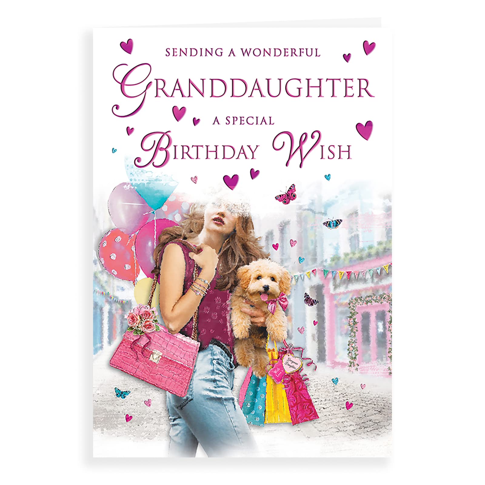 Regal Publishing Traditional Birthday Card for Granddaughter | 9 x 6 inches | Girl & Dog Shopping Design