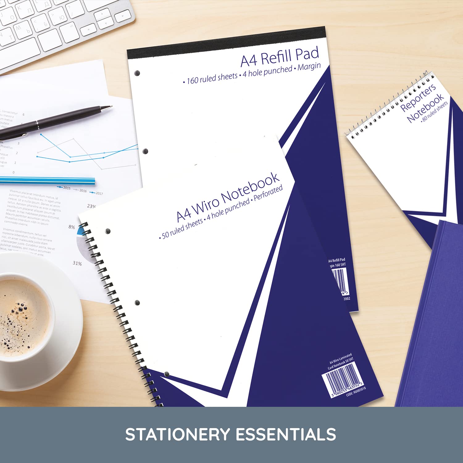 nu: Office Range A4 Refill Pad | 320 Pages | 60gsm Feint Ruled White Paper | Perforated 5