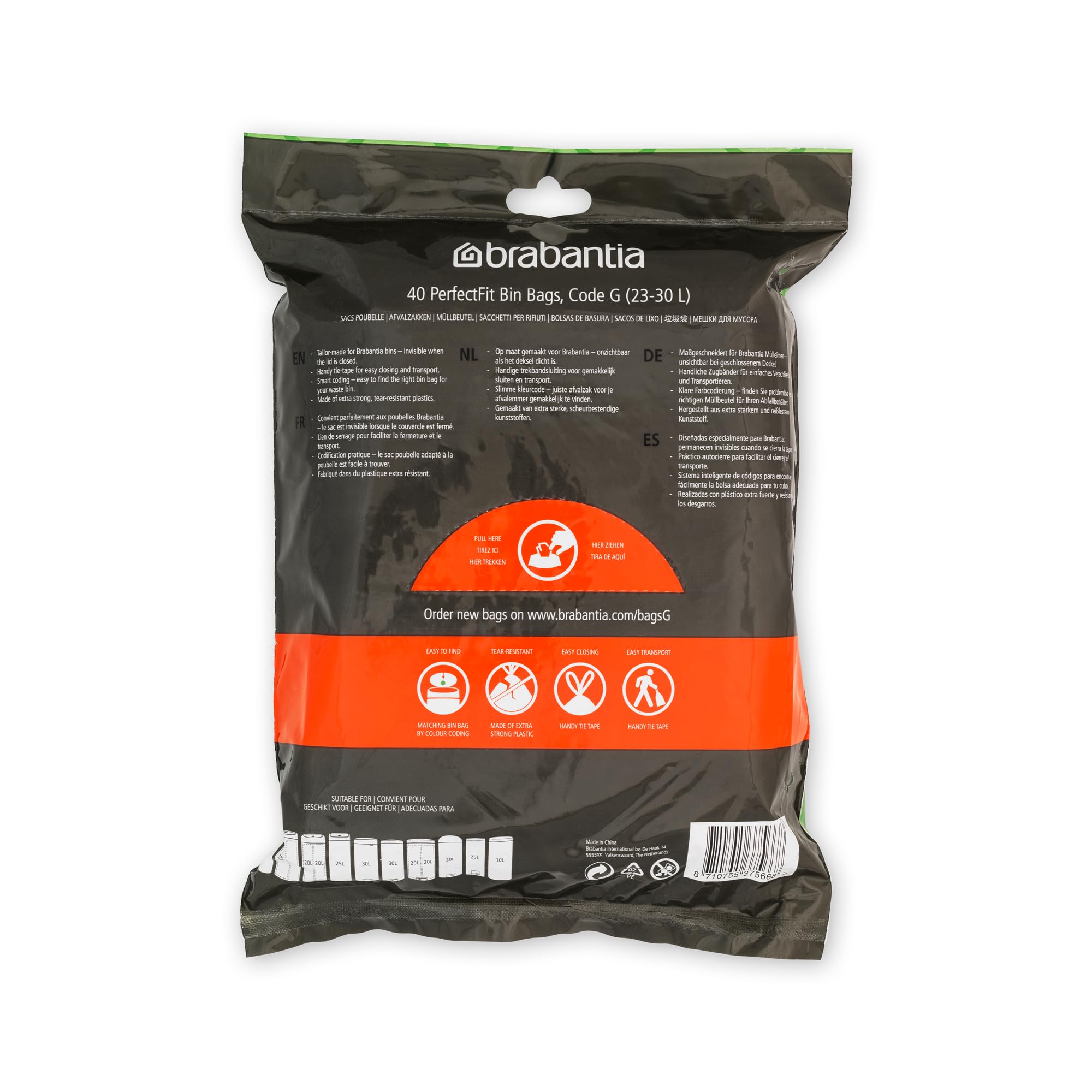 Brabantia PerfectFit Bin Liners - Tear-Resistant Plastic Bags with Tie Tape Drawstring, Code G (23-30L), 40 Count 2