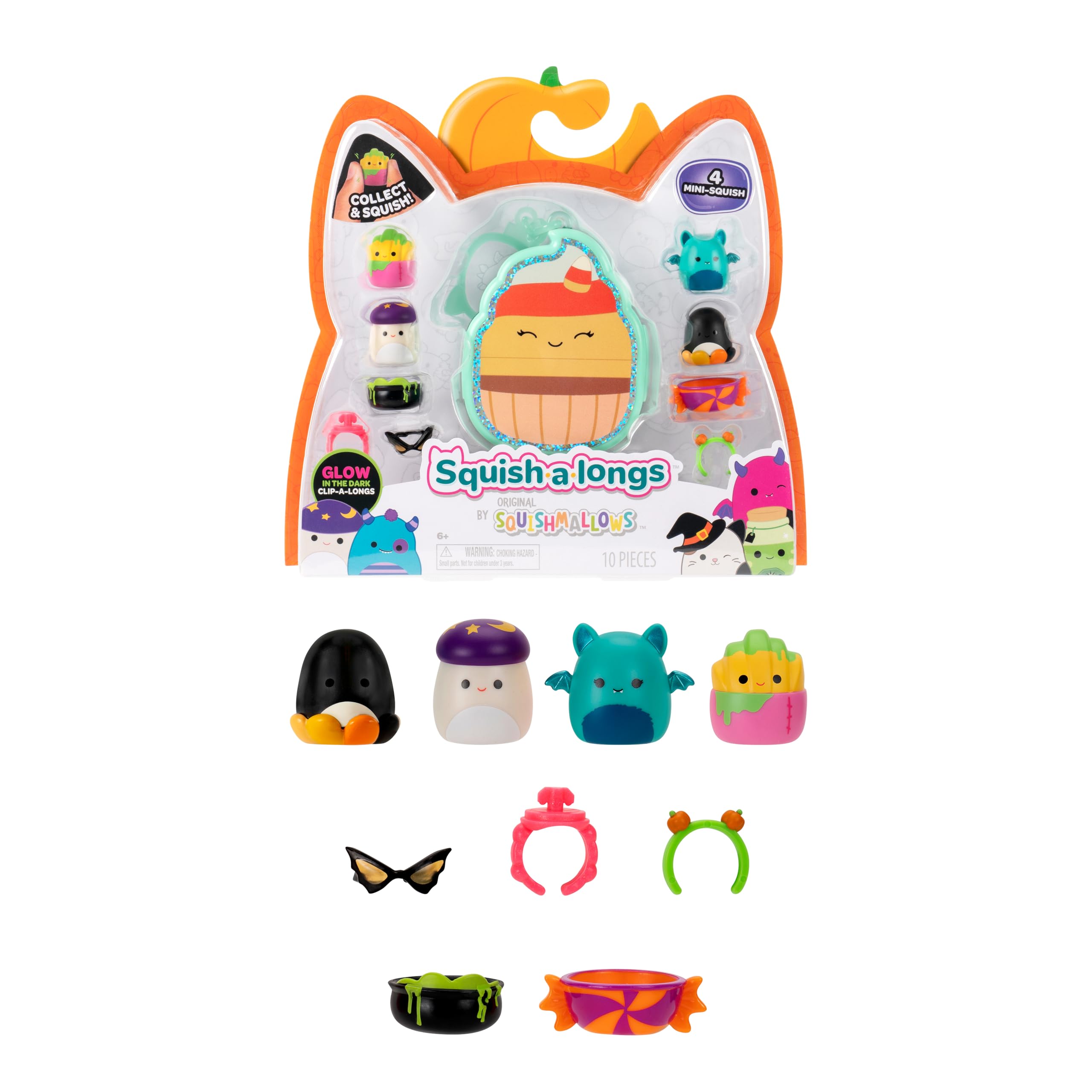 Squish-a-longs Pedma the Candy Corn Cupcake Clip-a-longs Halloween Pack – Glow-in-the-Dark Mini-Squish Carrying Case with 4 Mini Figures & Accessories 1