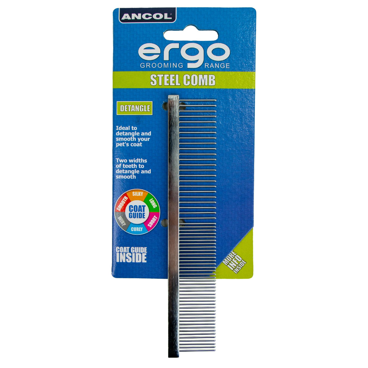 Ancol Ergo Metal Comb - Detangles & Smooths Coat | 7-Inch | Blue
