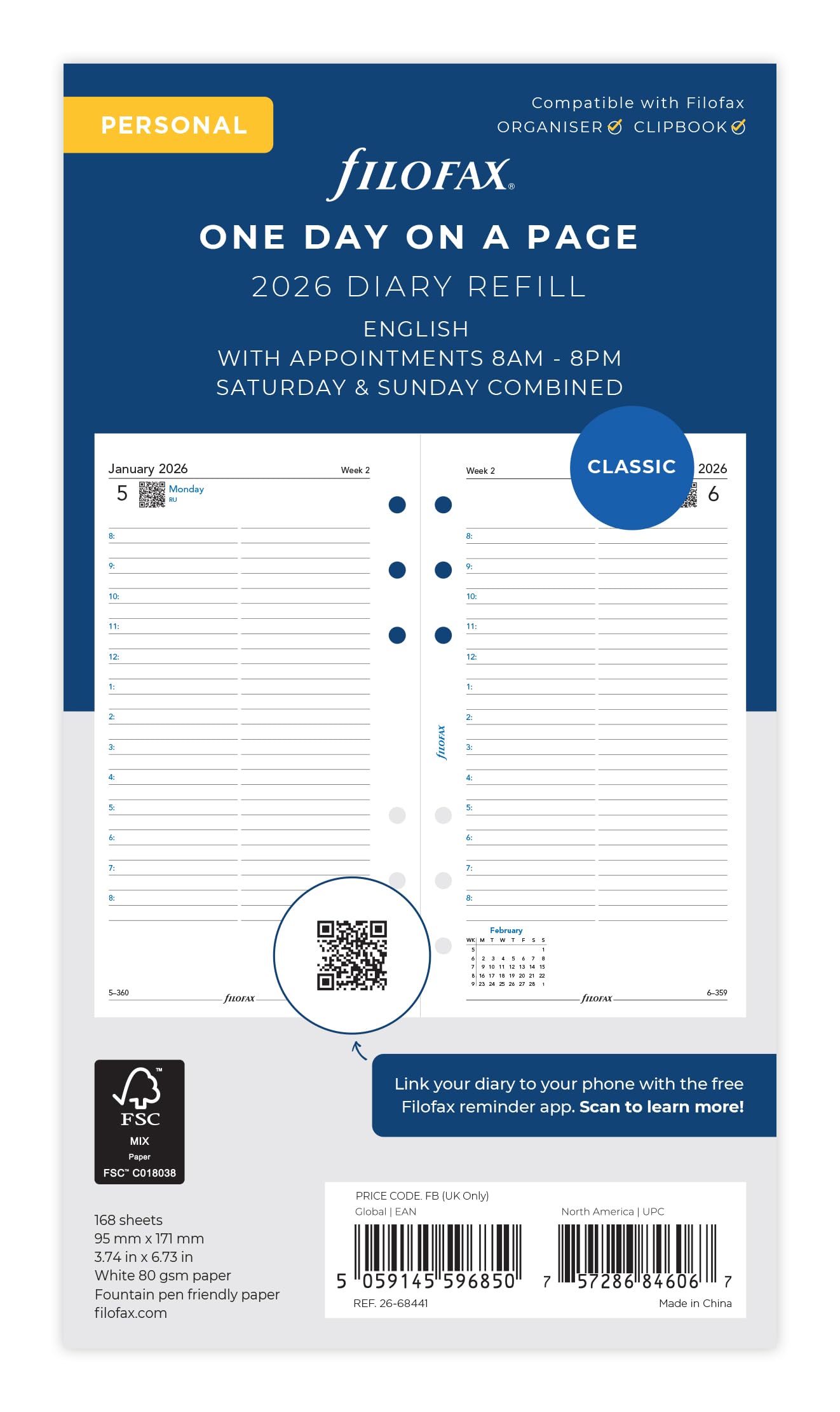 Filofax Personal 2026 Diary Refill - Day Per Page | 95mm x 171mm | English