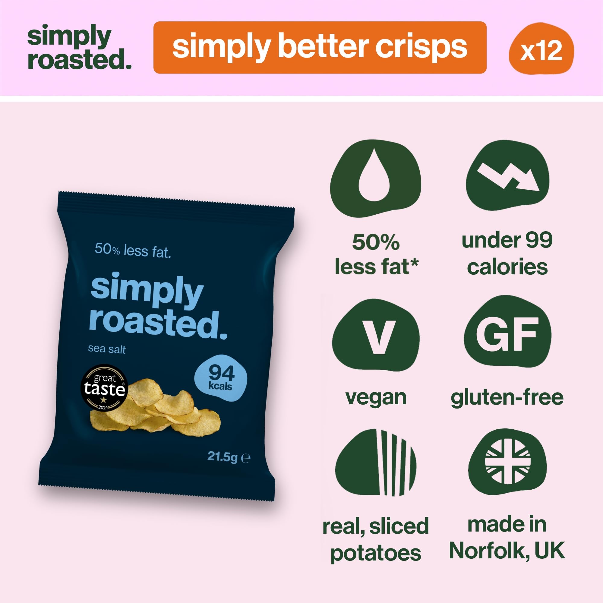 Simply Roasted Sea Salt Crisps Multipack - 12 x 21.5g Bags | 50% Less Fat | Vegan & Gluten-Free 2