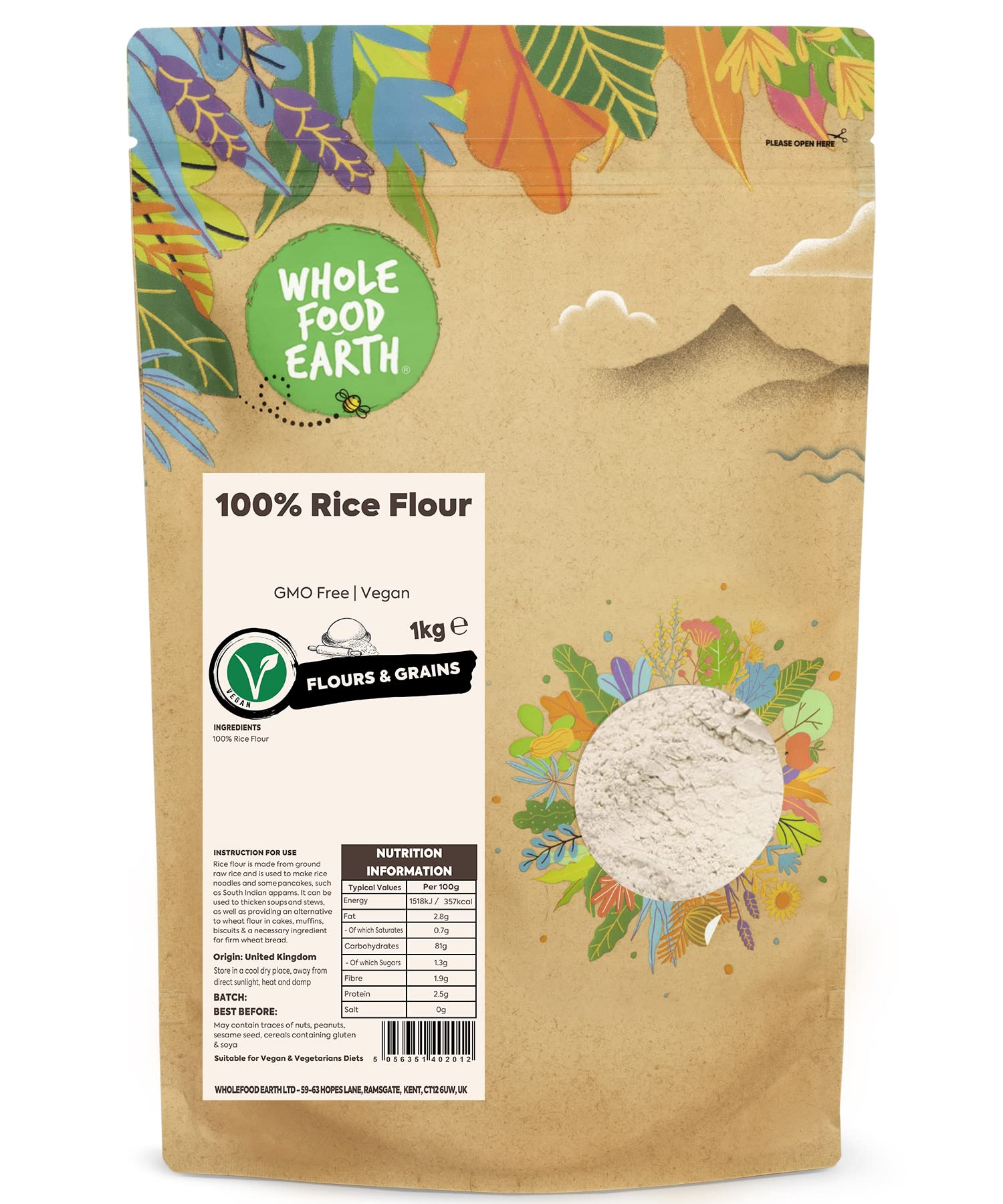 Wholefood Earth 100% Rice Flour - 1 kg Bag | GMO Free, Vegan Friendly 1