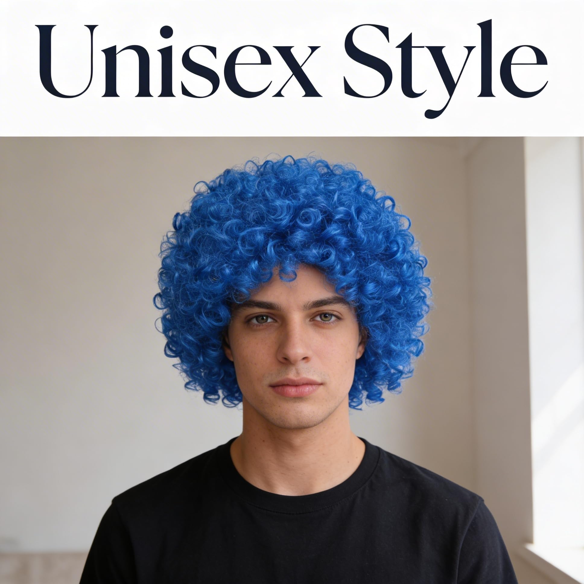 SHATCHI Unisex Adult Blue Afro Wig - Curly Bouncy Hair | Fir Resistant | Adjustable Fit 4