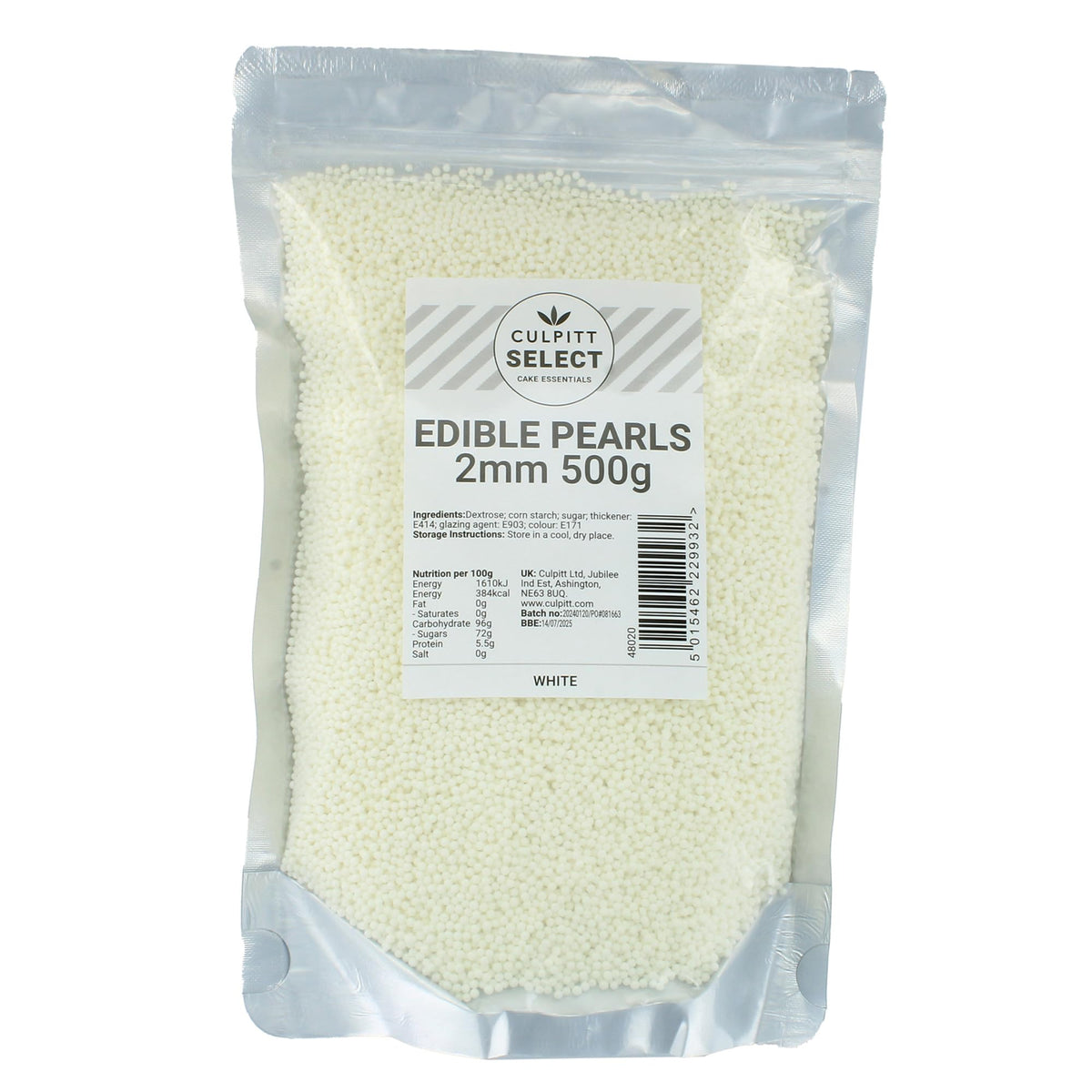 Culpitt Select White Sugar Pearls - 2mm Edible Cake Decorations - 500g