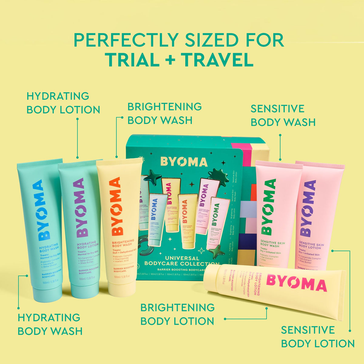 BYOMA Universal Bodycare Collection - Hydrating, Brightening, Sensitive | 6-Piece Travel Kit