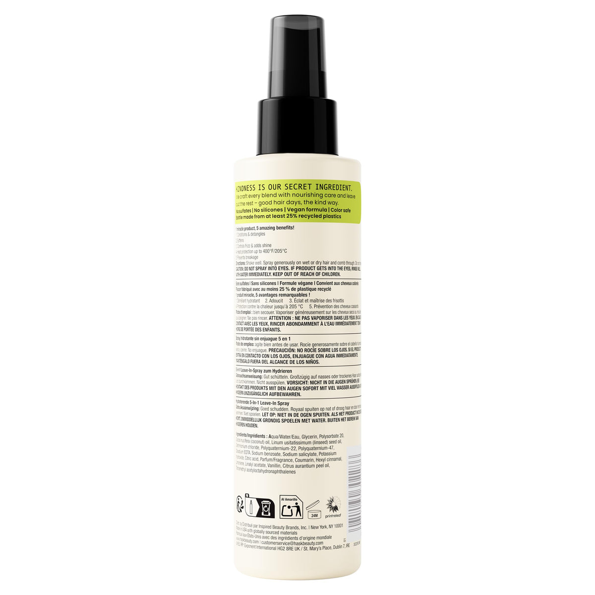 HASK Coconut Oil 5-in-1 Leave-In Conditioner Spray - Detangles, Softens, Shines, Controls Frizz, Heat Protection | 175 ml