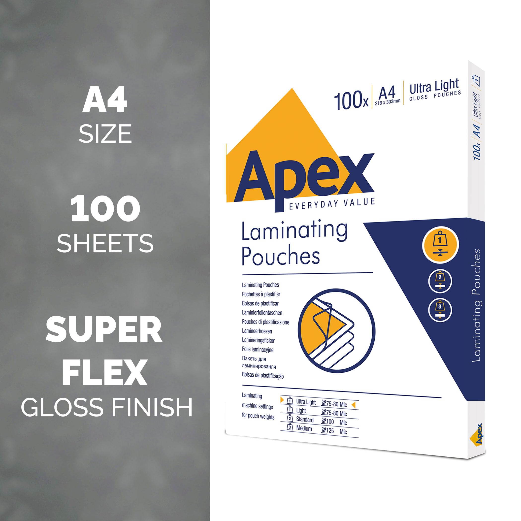 Fellowes Apex A4 Laminating Pouches - Glossy Finish, 100 Sheets, 75/80 Micron