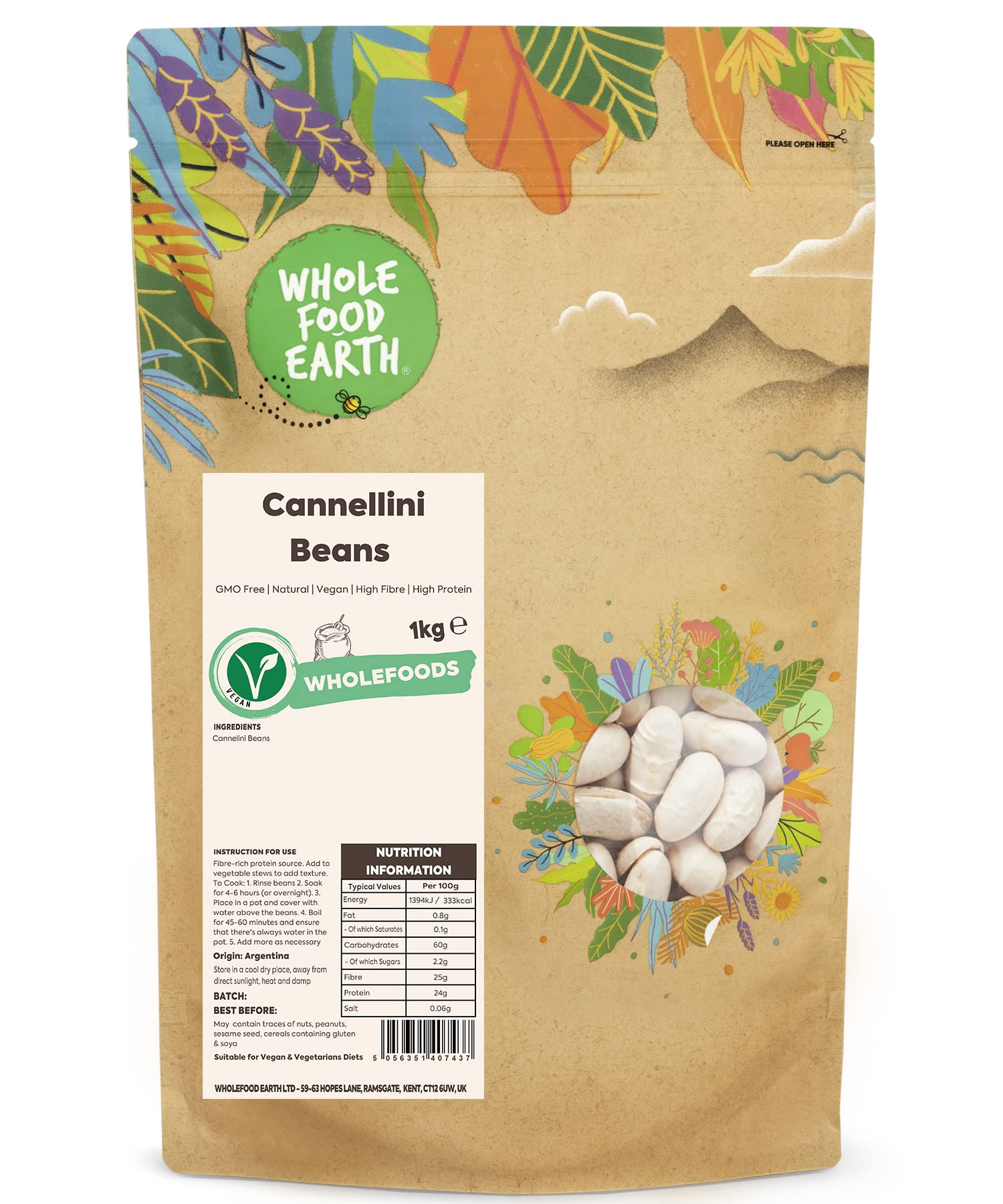 Wholefood Earth Cannellini Beans 1 kg | GMO Free | Natural | High Fibre | Vegan