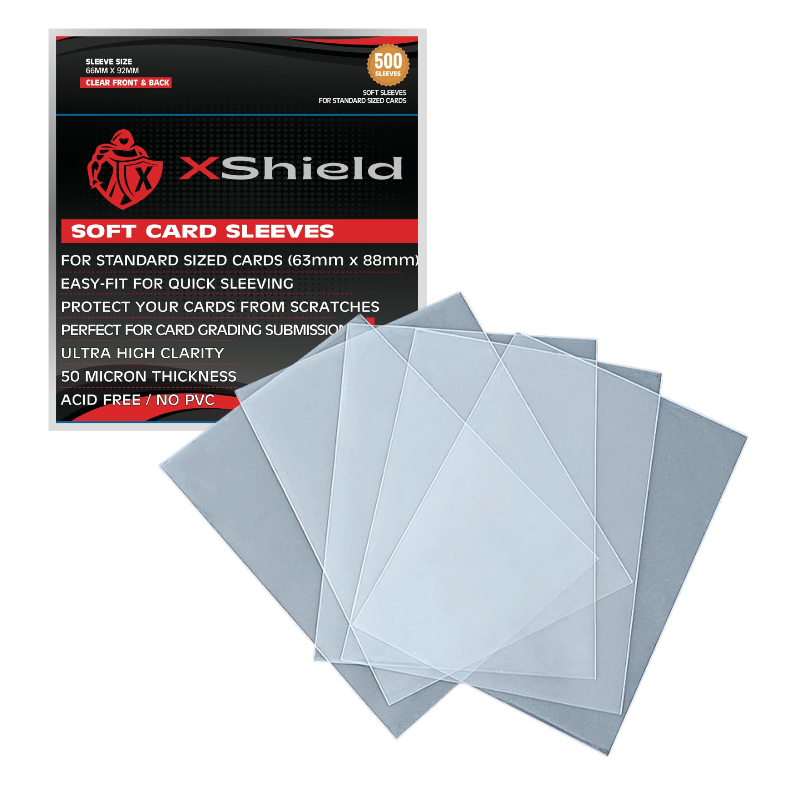 XShield Trading Card Sleeves - 500 Pack, 50 Micron Polypropylene, 66 x 92mm for Standard Cards