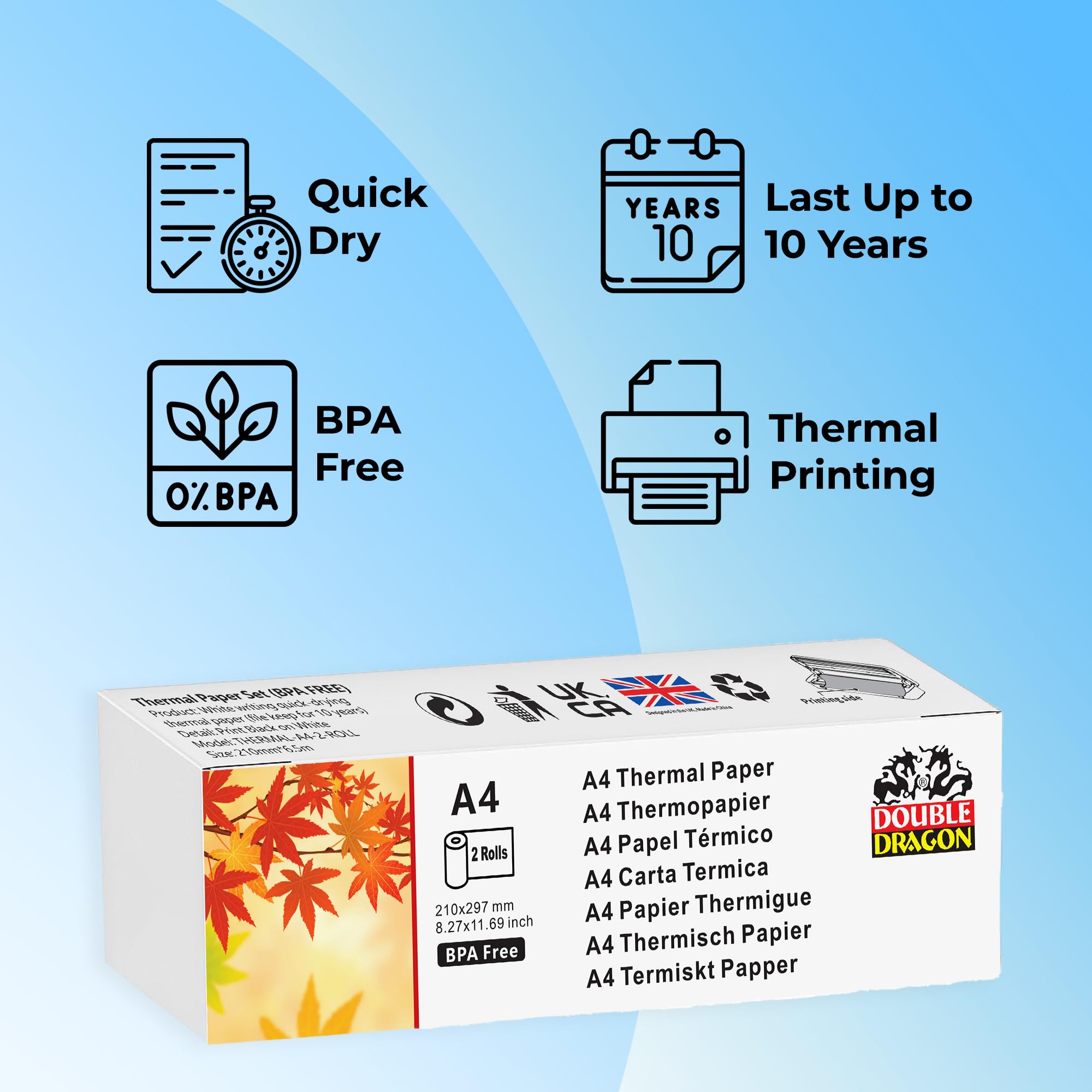 Double Dragon Thermal Printer Paper - 2 Rolls A4 Size (210mm x 6.5m) | Inkless & Water-Resistant 2