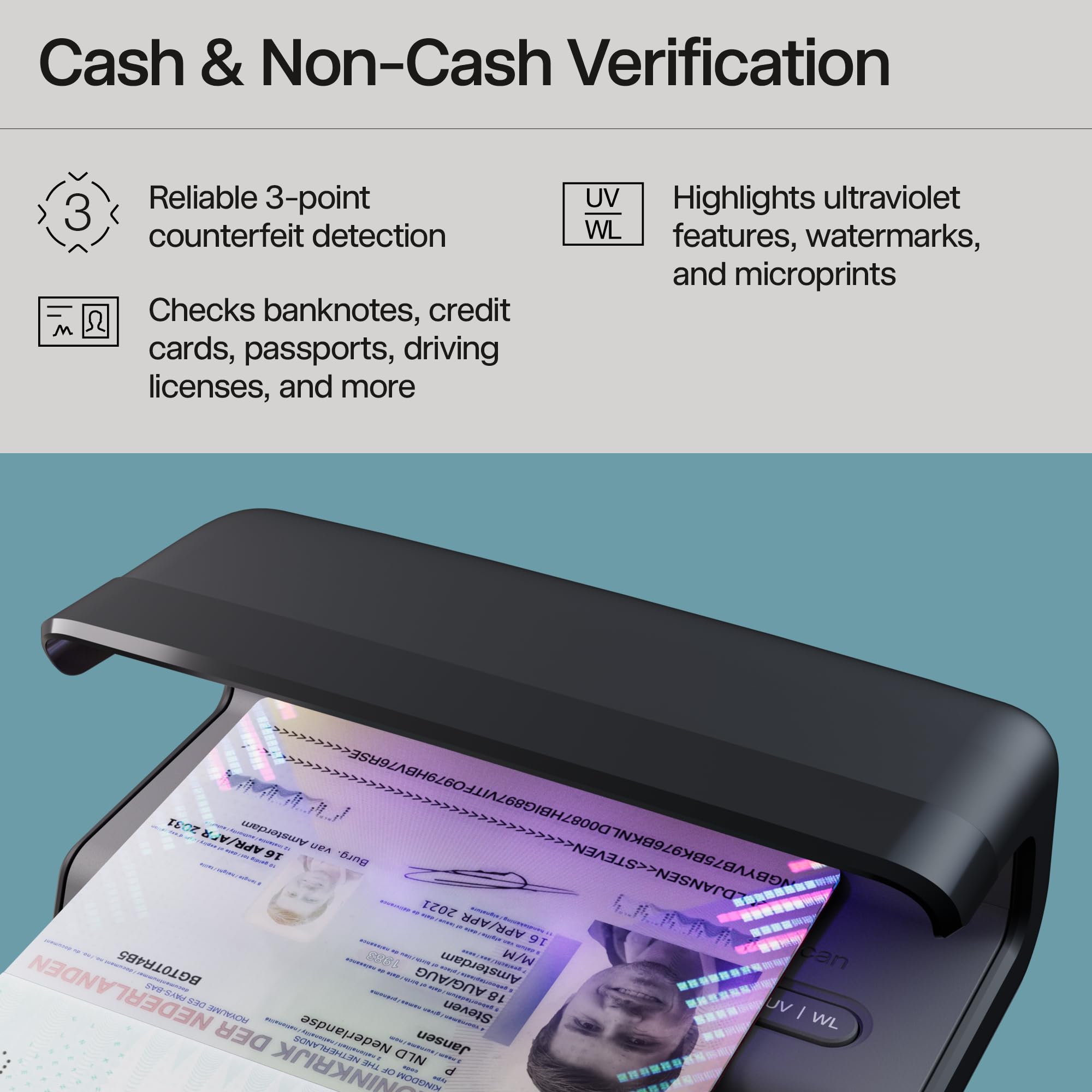 Safescan 75 LED Money Detector with Ultra Strong UV & White Light for Global Currency Verification 4