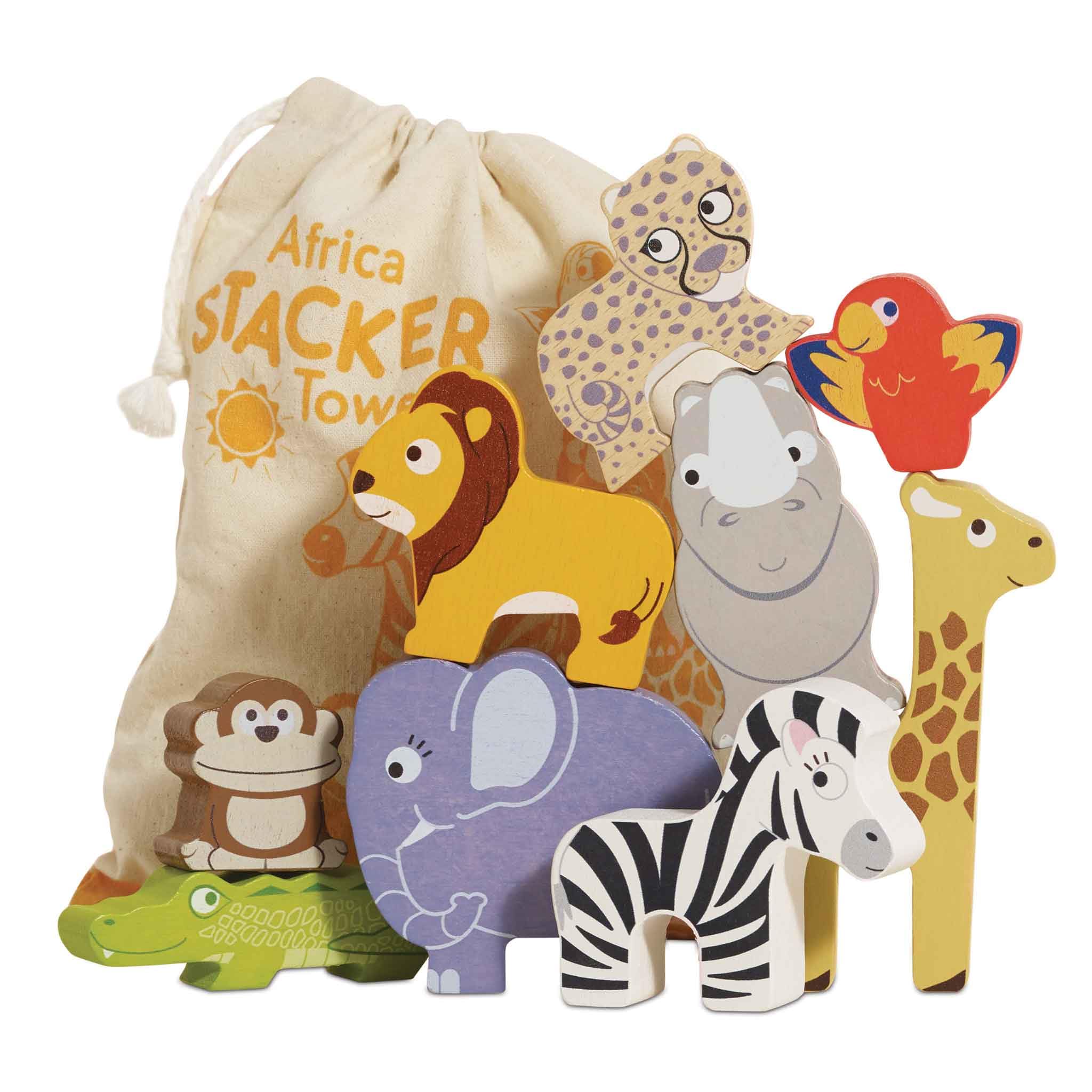 Le Toy Van Petilou Africa Stacker & Bag - Wooden Balancing Toy for Toddlers 18m+ | 9 Pieces 1