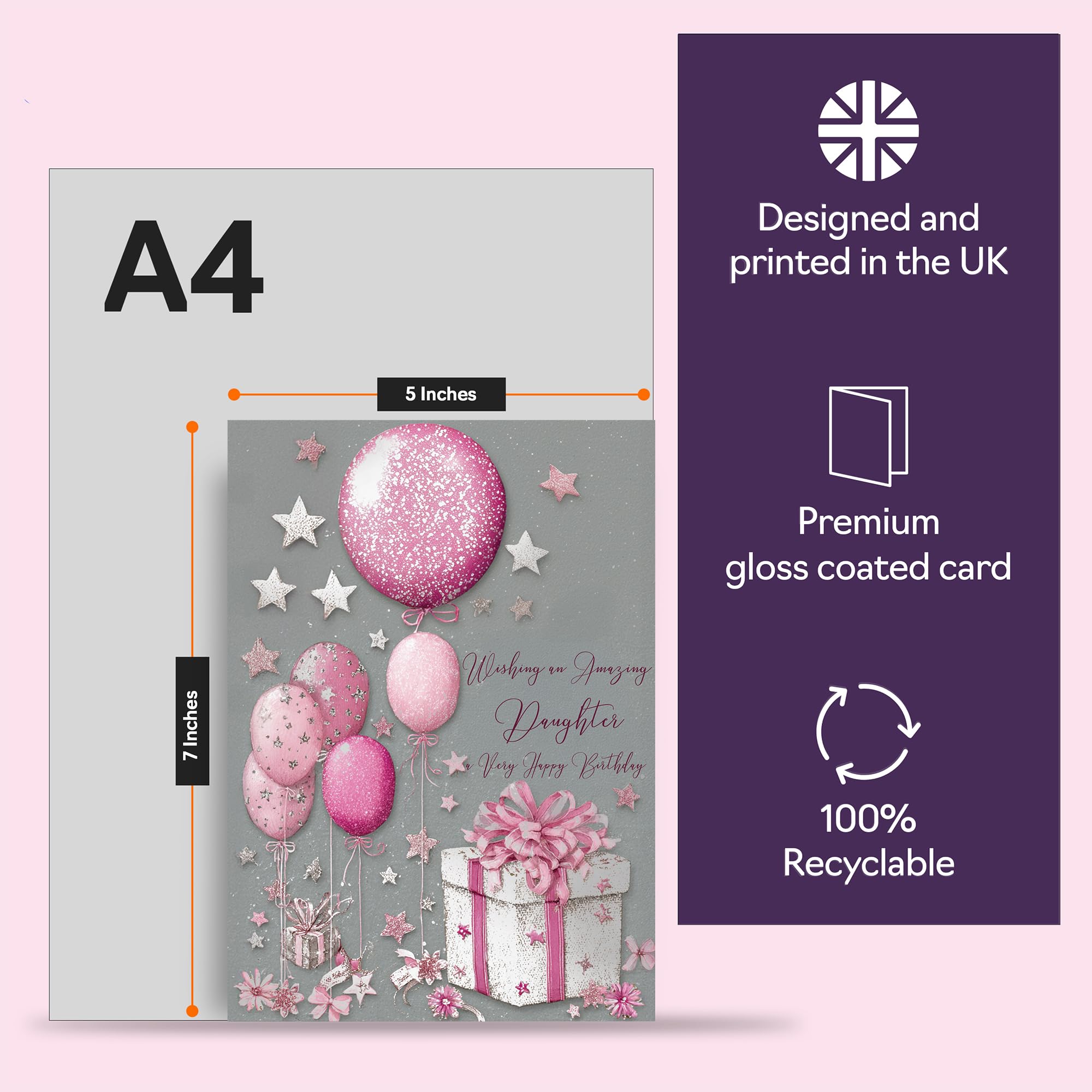 Giftzie Silver Daughter Birthday Card | 5x7 Inch | Silver and Pink Presents Design | From Dad Mum 5