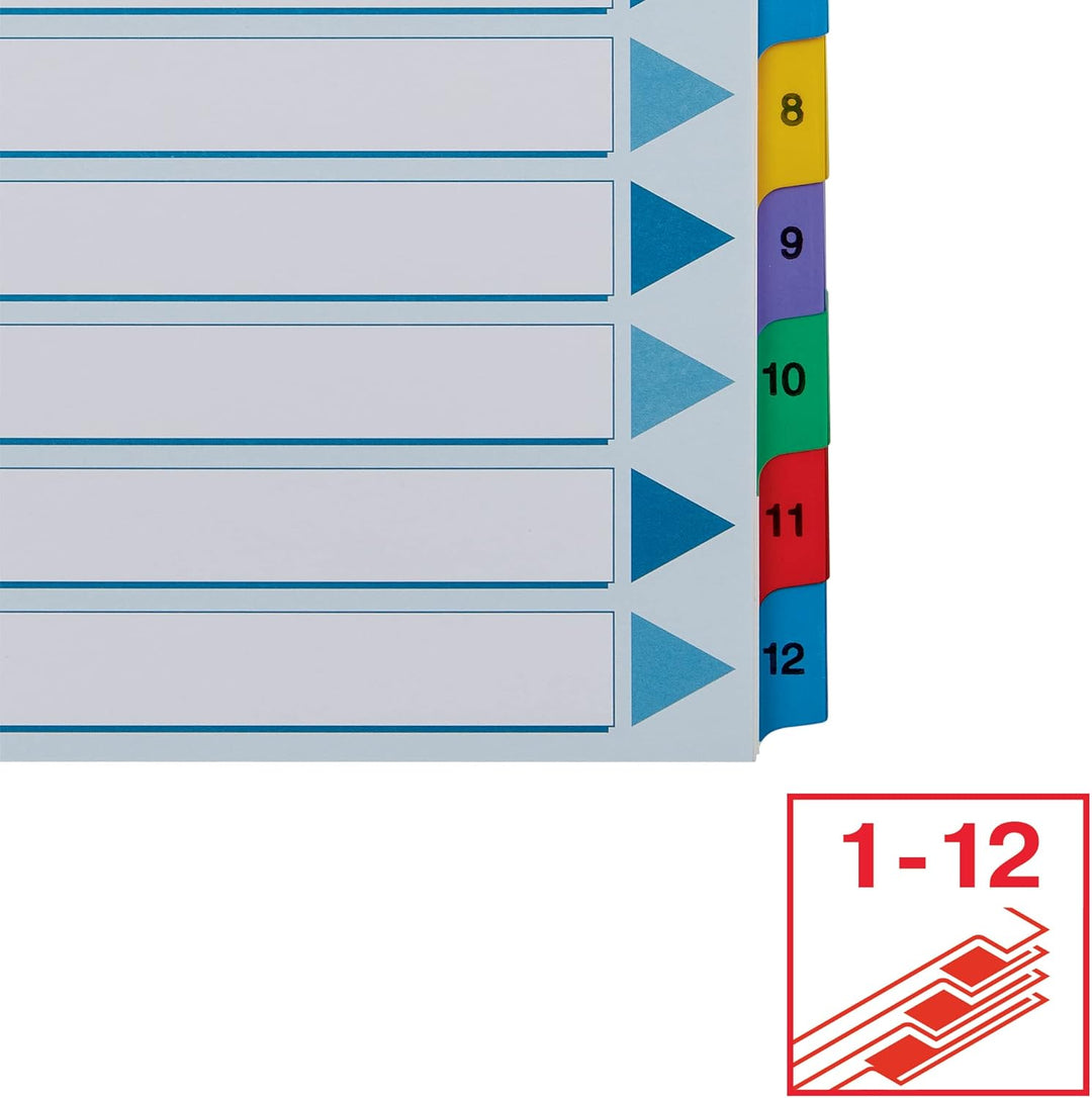 Esselte 100162 A4 1-12 Index Dividers, Heavy Duty Cardboard with Mylar Reinforced Tabs, Multicoloured
