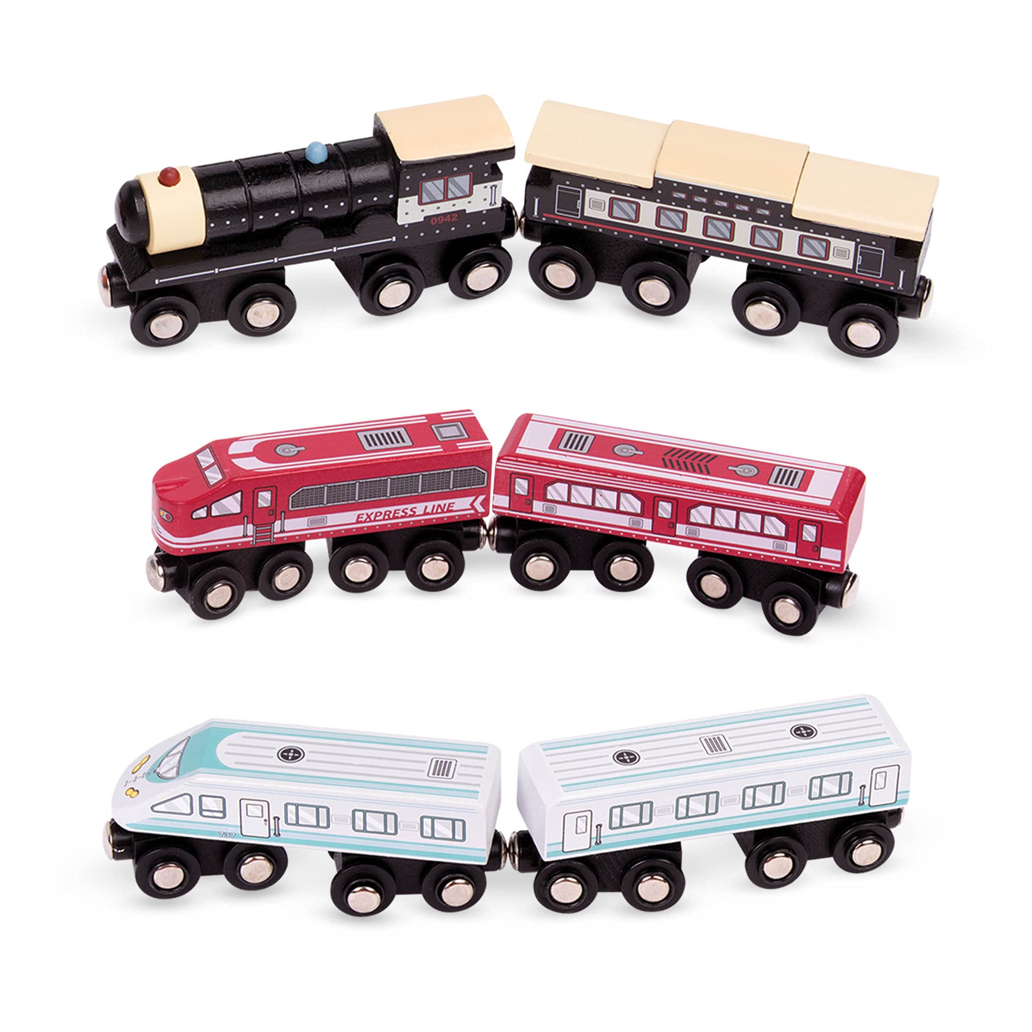 Battat Classic Magnetic Wooden Trains Set - 6 Pieces Railroad Collection | Ages 3+