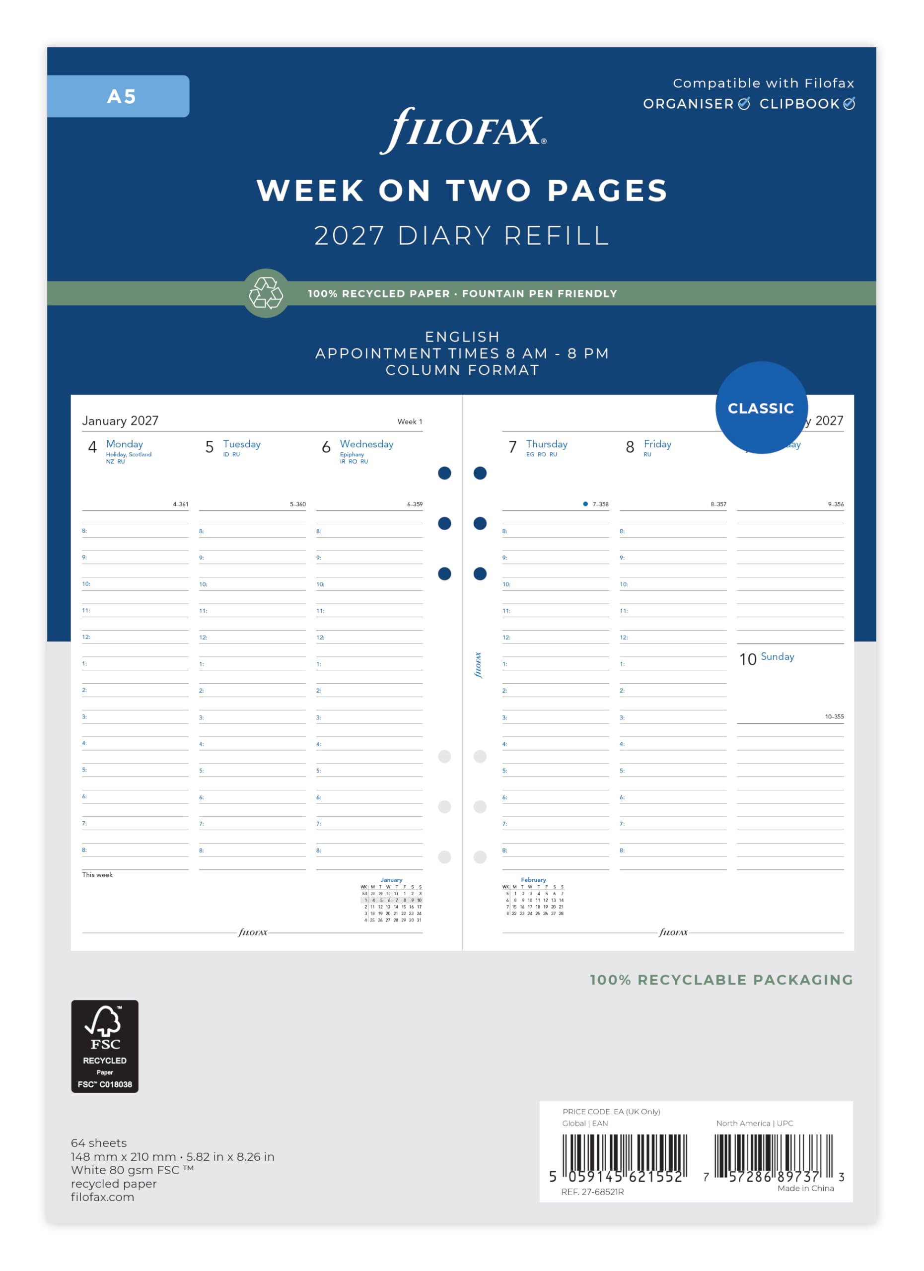 Filofax A5 2027 Diary Refill - Week on Two Pages Column Format | Recycled Paper | English