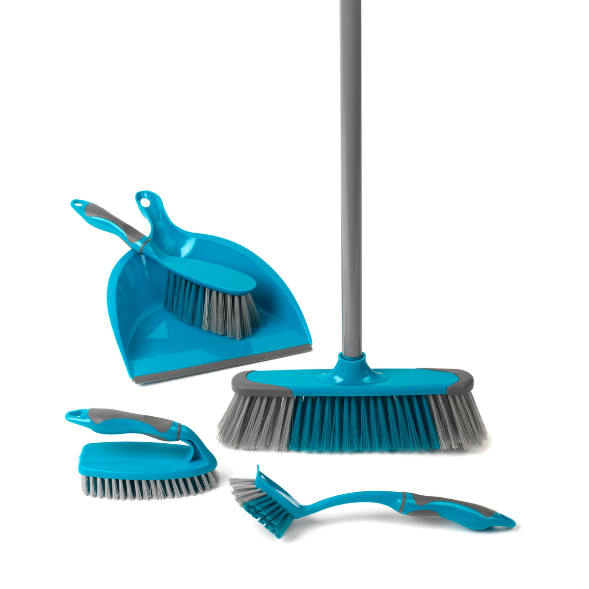 Beldray 5 Piece Cleaning Set with Broom, Dustpan & Brush, Scrub Brush & Dish Brush - Turquoise