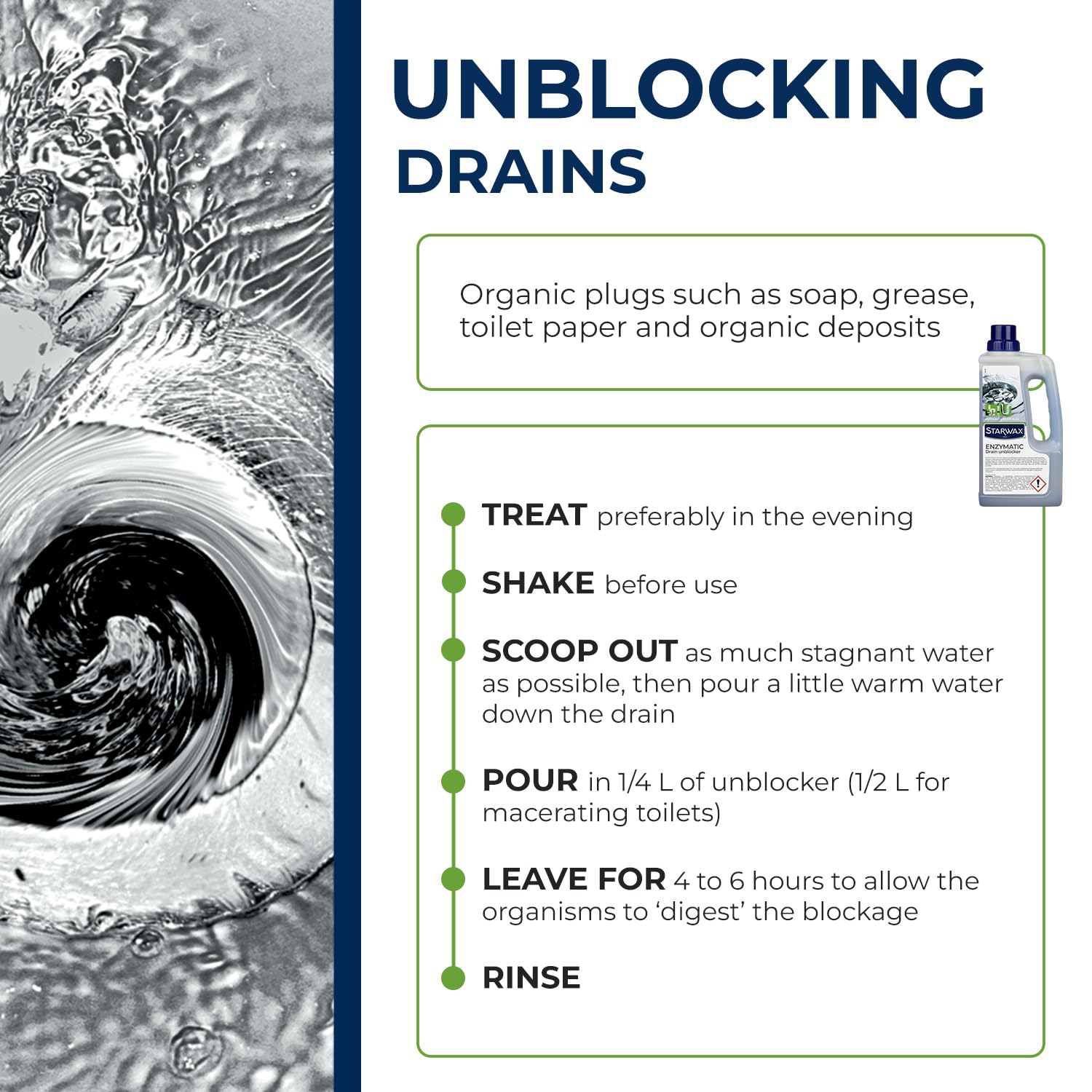 STARWAX Biological Drain Cleaner - Acid Free, Unclogs Drains & Eliminates Odours, 1L 4