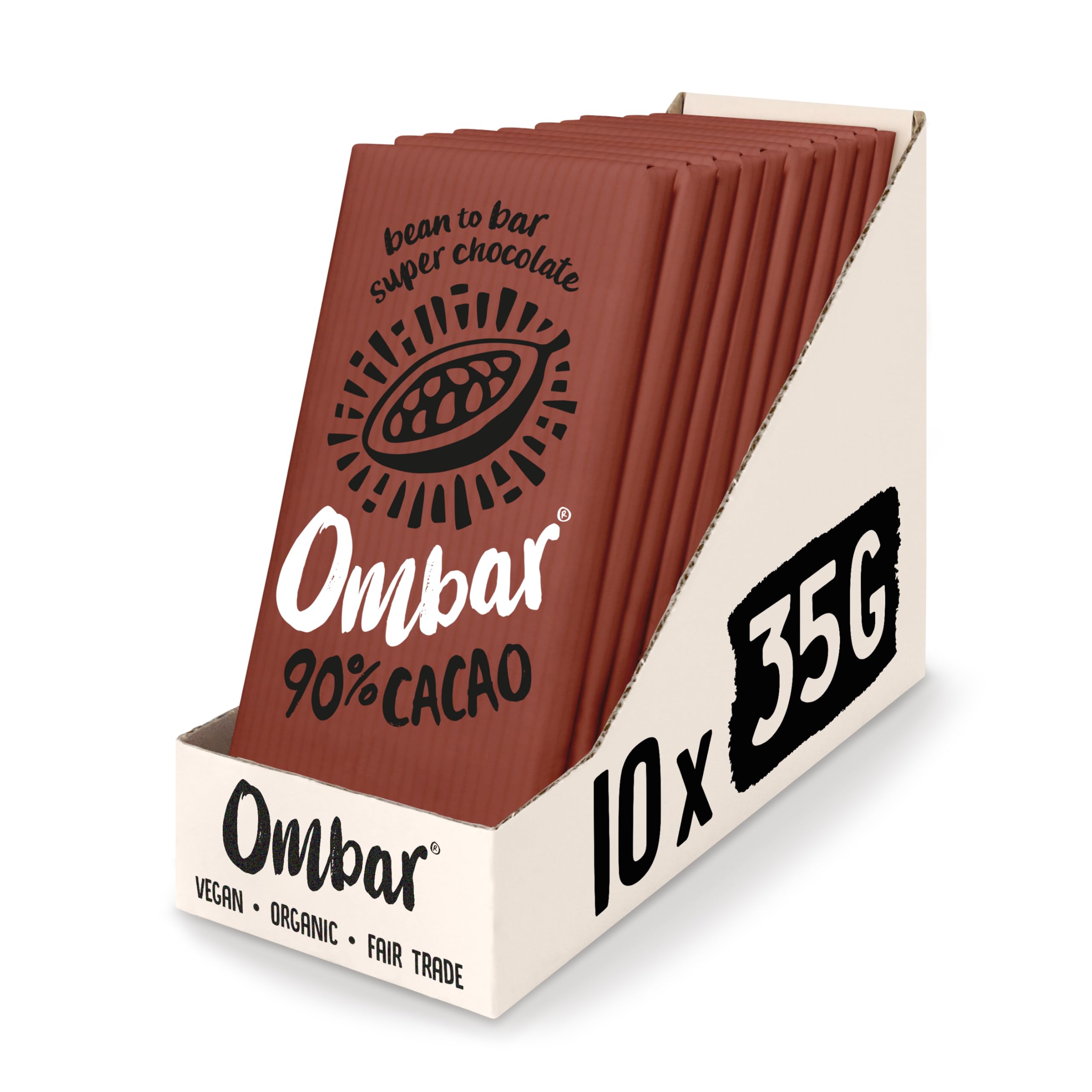 Ombar - 90% Cacao Vegan Dark Chocolate Bar (35g x 10) Organic, Dairy & Gluten Free 1